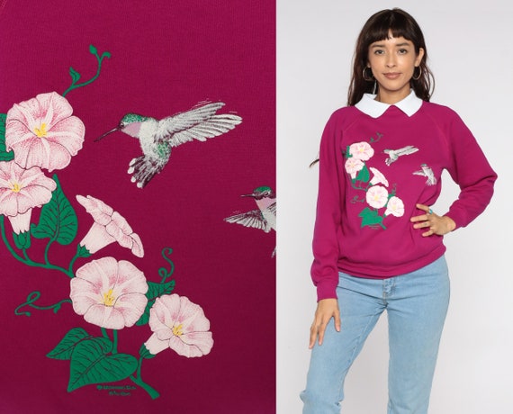 Hummingbird Sweatshirt Bird 80s Sweatshirt Magenta Graphic Flower Print Grandma 1980s Floral Collared Sweatshirt Vintage Medium