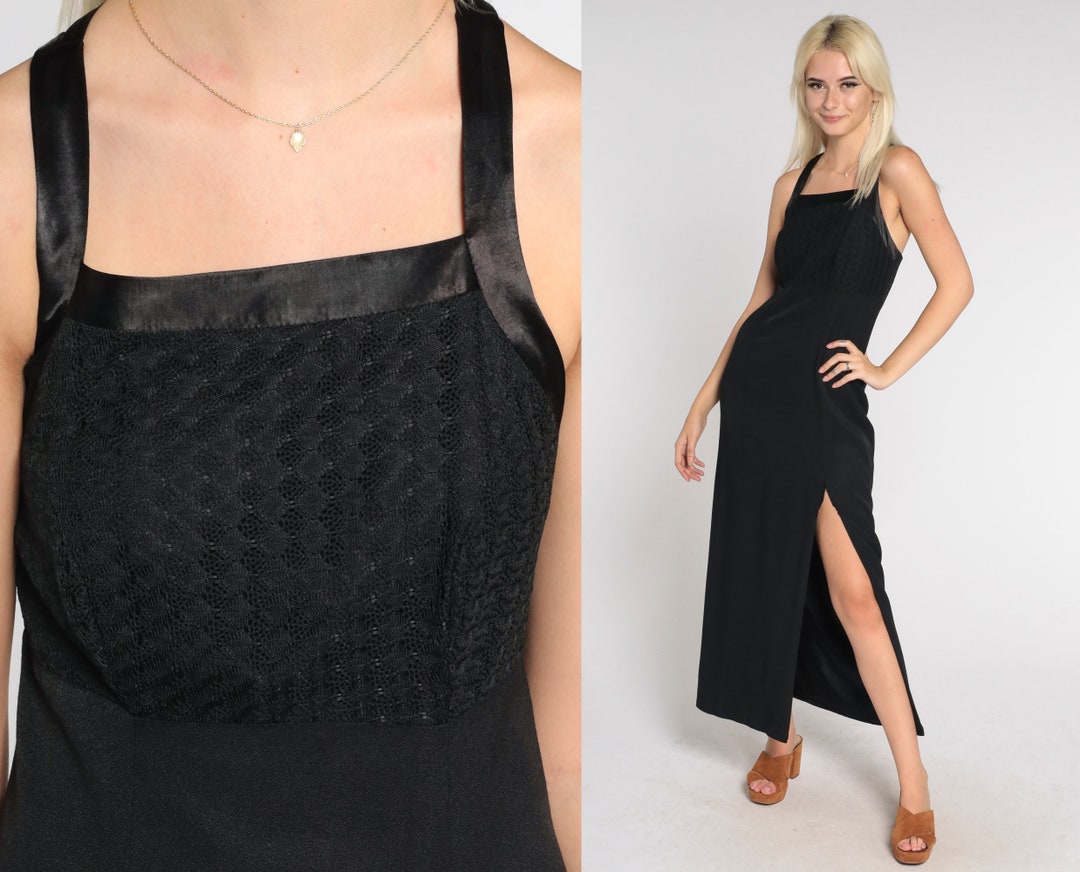 9091 Black Ruffle Collar Slit Evening Dress