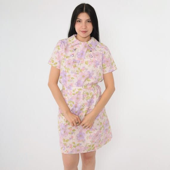 Vintage 60s Floral Mini Dress Pastel Pink Purple Shift Mod Flower Power Belted Sixties Minidress 1960s Short Sleeve Medium M