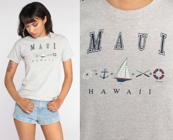 Hawaii Tshirt Maui Shirt Graphic Tee Nautical Sailboat Shirt Retro 90s Vintage T Shirt Grey Extra Small xs