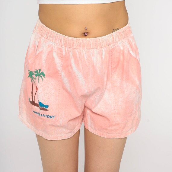 Martinique Shorts 90s Faded Pink High Waisted Shorts Lounge Beach Palm Tree France Elastic Waist Tropical Jogging Vintage 1990s Small Medium