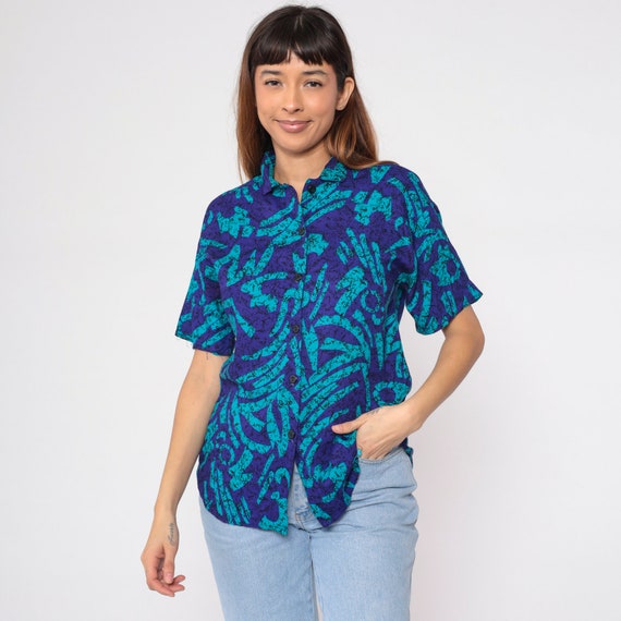 Abstract Blouse 90s Button Up Shirt Marbled Print Top Collared Short Sleeve Psychedelic Hippie Boho Blue Purple Black Vintage 1990s Medium M