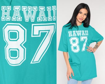 1987 Hawaii TShirt 87 Number Shirt Sports Athletic 80s Tshirt Football Vintage 1980s Turquoise Birth Year Shirt Single Stitch Extra Large xl