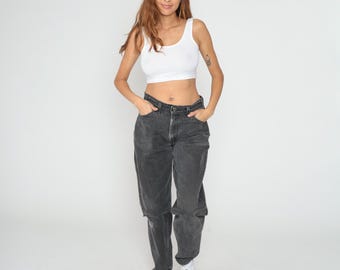 Black Levis 560 Jeans 90s High Waist Wide Leg Relaxed Fit Vintage Denim Pants Faded Charcoal Gray Baggy Tapered Streetwear Grunge Large L