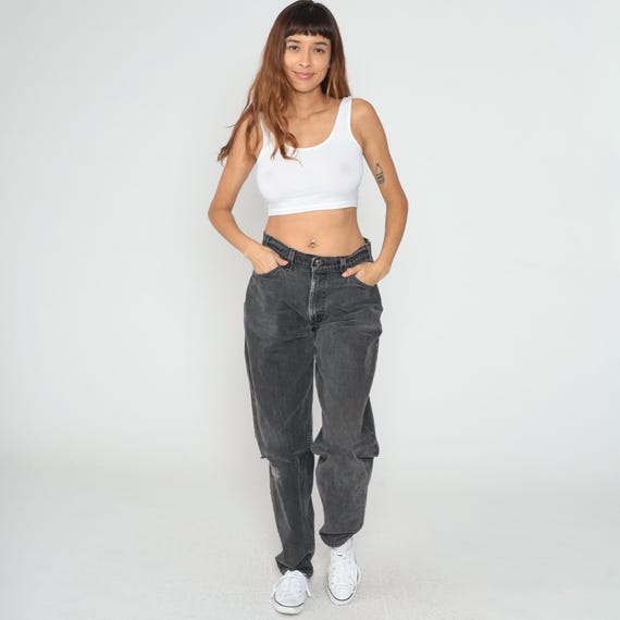 Black Levis 560 Jeans 90s High Waist Wide Leg Relaxed Fit Vintage Denim Pants Faded Charcoal Gray Baggy Tapered Streetwear Grunge Large L