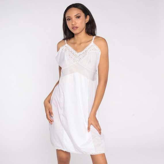 White Eyelet Lace Slip Lingerie Slip Dress Gaymode Slip Mini Full Slip Vintage Boho 70s Deep V Neck Empire Waist Spaghetti Strap Medium 40