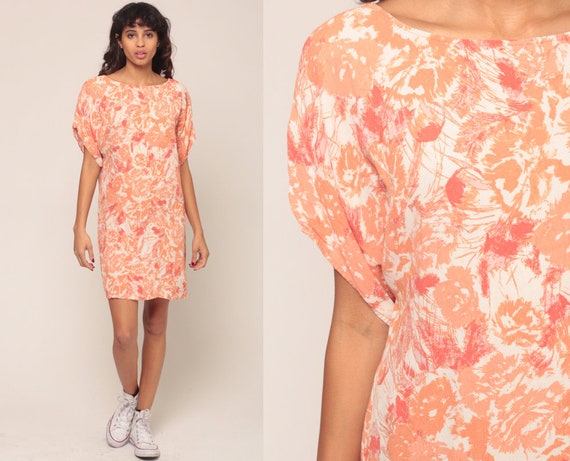 Floral Tshirt Dress Vintage Micro Mini Dress Flower Print Tee Shirt 90s Tunic Top Grunge T Shirt Orange 1990s Medium