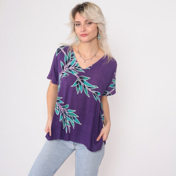 Tropical Leaf Shirt 90s Purple V Neck Blouse Hawaiian Jungle Shirt Short Sleeve Retro Top Bohemian Hippie Vintage Turquoise 1990s Medium