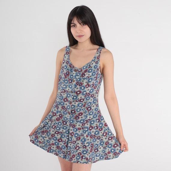 90s Floral Romper Mini Playsuit Sleeveless Button up One Piece Wide Leg Flowy Shorts Blue Red Flower Daisy Print Summer Vintage 1990s Small