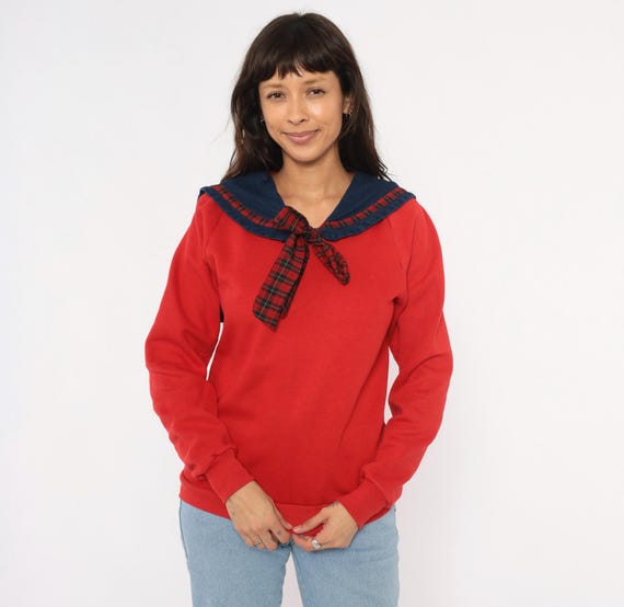 Sailor Collar Sweatshirt 90s Red Plaid Bow Tie Neck Navy Denim Bib Tartan Trim Jerzees Blend Preppy Collegiate Vintage Top Scarlet Medium M