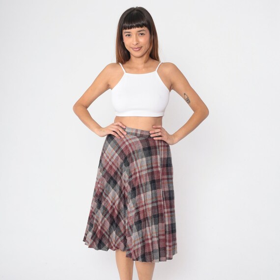 Plaid Schoolgirl Skirt 80s Midi Skirt Retro Preppy Academia Red Black Grey Checkered High Waisted Tartan Knee Length Vintage 1980s Small S