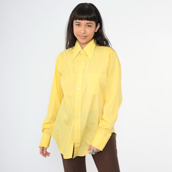 70s Yellow Shirt Dagger Collar Shirt Button Up Shirt Long Sleeve Top Disco Chest Pocket 1970s Collared Oxford Arrow Men's 16 35 Large