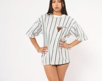90s Striped Shirt Tee Grey Teal Burgundy Vertical Stripe Cotton Boxy Fit Crew Neck Pullover Collegiate Casulal Preppy Vintage Top Large L