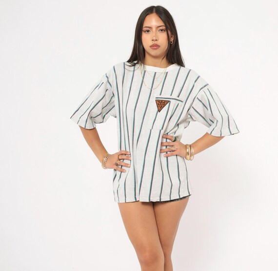 90s Striped Shirt Tee Grey Teal Burgundy Vertical Stripe Cotton Boxy Fit Crew Neck Pullover Collegiate Casulal Preppy Vintage Top Large L