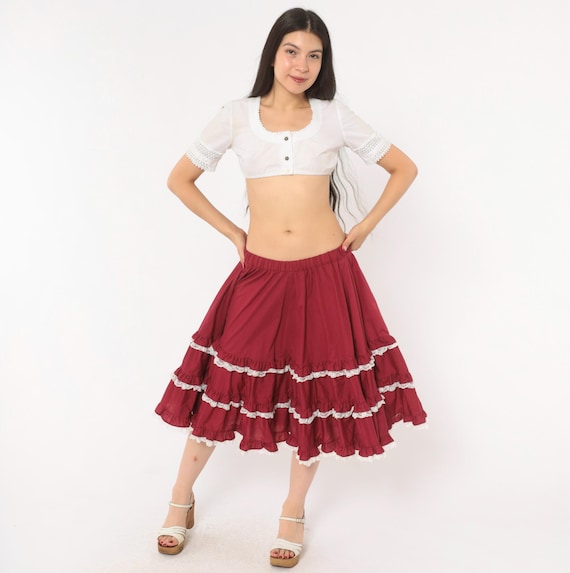 80s Prairie Burgundy Tiered Skirt Square Dance Lace Trim Ruffled Cotton Full Circle Western Wine Country Swing Vintage Medium Large M L