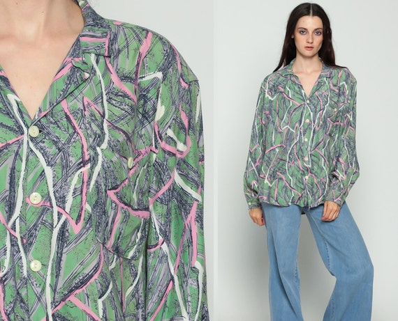 Striped Shirt 70s Blouse Mod Shirt Psychedelic Brush Stroke Print Long Sleeve Top Hipster Button Up 1970s Collared Green Pink Extra Large xl
