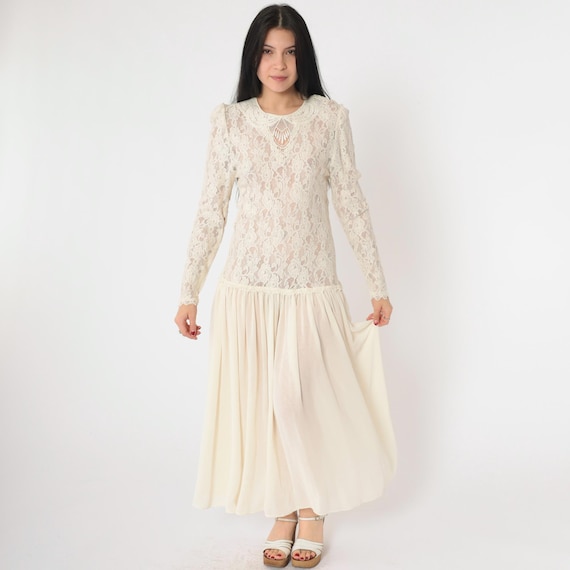 Vintage Sheer Lace Dress 80s Cream Victorian Lace Maxi Party Cocktail Boho Prom Bohemian 1980s Long Puff Sleeve Formal Evening Medium