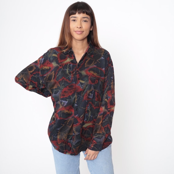 90s Leaf Print Button Front Shirt Long Sleeve Dark Abstract Pattern Red Purple Navy Brown Earth Tone Vintage Blouse Top Extra Large XL