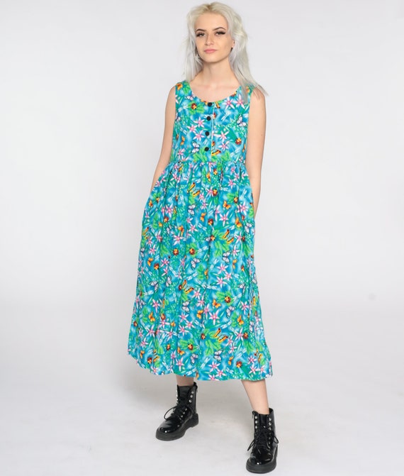 ShopExile Butterfly Jumper Dress 90s Sundress Floral Midi Dress Pinafore Boho Sun 1990s Tropical High Waist Vintage Sleeveless Hippie Small S
