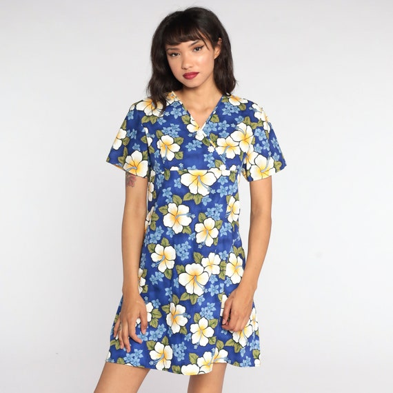 90s Floral Dress Hawaiian Hibiscus Tropical Mini Sundress Flower Print Summer Dress Boho 1990s Bohemian Vintage Shift Blue Small