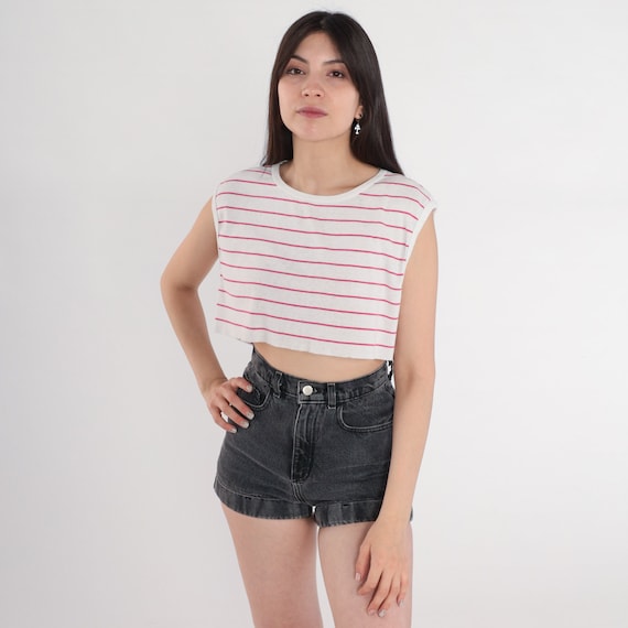 Striped Crop Top 80s Tank Top White Pink Shirt Cutoff Retro Cap Sleeve Shirt Cropped T-Shirt Thin Raw Edge Hem Vintage 1980s Small Medium