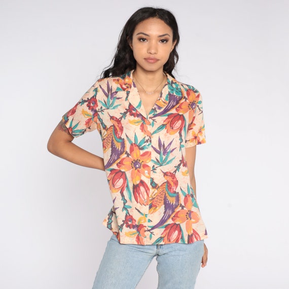 80s Floral Blouse Tropical Bird Flower Print Button Up Top Grunge Collared Shirt Short Sleeve Hippie 1980s Boho Hipster Vintage Medium M