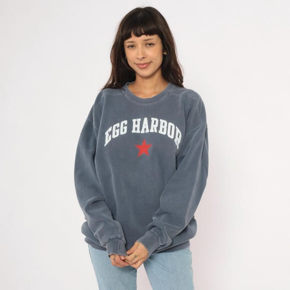 90s Egg Harbor Sweatshirt Slate Blue Crewneck Pullover Cotton Star Graphic Washed Faded Grey Vintage Crew Neck Sweater Extra Large XL