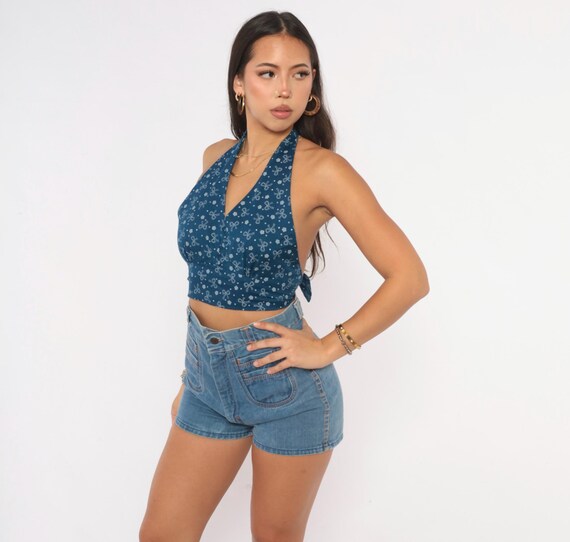 70s Dark Blue Halter Crop Top White Bow Print Cotton Backless Tie Back Deep V Neck Floral Star Blouse Summer Beach Party Coquette Small S