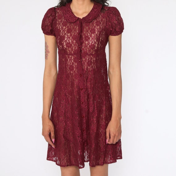 Sheer Lace Dress Peter pan collar Burgundy Mini D… - image 4