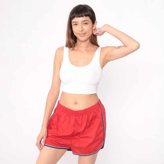 Red Jogging Shorts 80s Swim Board Elastic Waistband Athletic Vintage High Waisted Mini Shorts Summer Beach Sports Activewear Extra Large XL