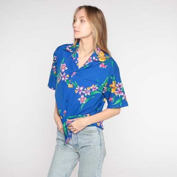 Vintage Blue Hawaiian Shirt 80s Tropical Floral Button Up Hibiscus Flower Print Retro Surfer Vacation Short Sleeve Top 1980s Mens Medium M