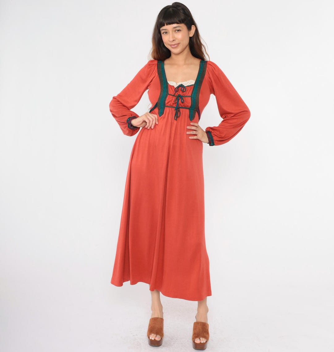 70s Prairie Dress Rust Orange Lace up Corset Maxi Boho Empire Waist ...
