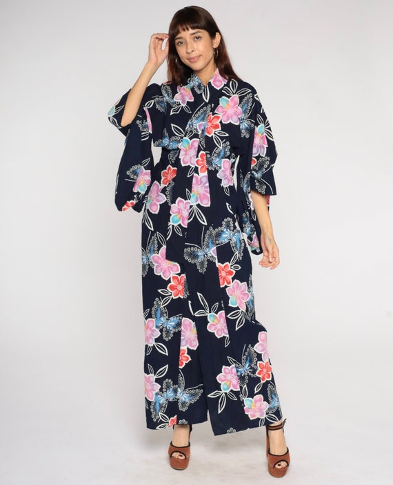 Floral Butterfly Kimono Y2K Navy Blue Cotton Robe Maxi Jacket Japanese Full Length Asian Boho Hippie Vintage 00s Small Medium Large