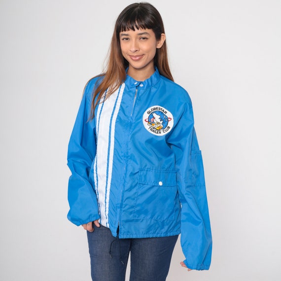 Globestar Trailer Club Windbreaker Jacket Vintage 70s Travel Trailer Jacket Sports Blue Work Uniform Jacket 1970s Lightweight Retro Large L