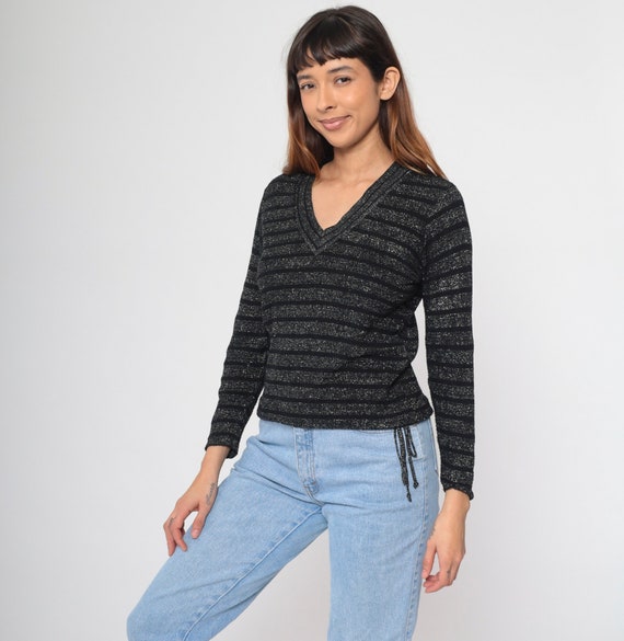 70s Metallic Striped Sweater Silver Black Pullover V Neck Knit Sweater Retro Sparkly Horizontal Stripe Knitwear Vintage 1970s Small S
