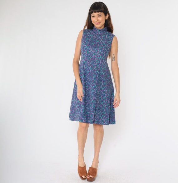 Vintage 90s Mock Neck Dress Purple Blue Green Abstract Geometric Print Sleeveless A-Line Midi Flowy 1990s Women's Small S
