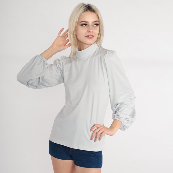 70s Top Cement Grey Shirt Long Puff Balloon Sleeve Mock Neck Blouse Retro Plain Blank Basic Seventies Minimal Mockneck Vintage 1970s Small S