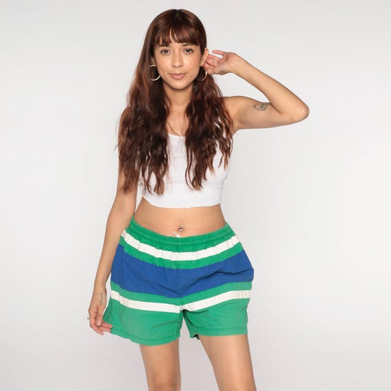 90s Ralph Lauren Swim Trunks Green Blue Polo Swim Shorts Color Block Retro Striped Bathing Suit Surf Vintage 1990s Men's Extra Large xl