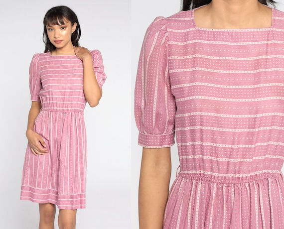Pink Striped Dress Puff Sleeve Dress 80s Secretary Dress Geometric High Waisted 1980s Vintage Knee Length Extra Small xs