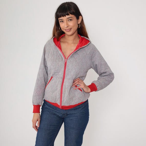 80s Quilted Hoodie Gray Red Trim Diamond Pattern Zip Front Vintage Athletic Sweatshirt Casual Retro Sporty Tracksuit Medium M