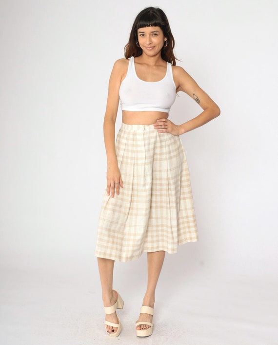 90s Plaid Midi Skirt Pleated Skirt Cream Tan Checkered Retro School Girl Tartan High Waisted Retro Vintage 1990s Small 28 Waist
