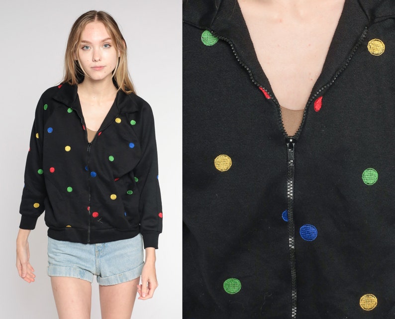 Polka Dot Jacket Y2K Black Zip Up Windbreaker Jacket Retro Basic Plain Simple Sporty Streetwear Red Green Yellow Blue Vintage 00s Small S image 1