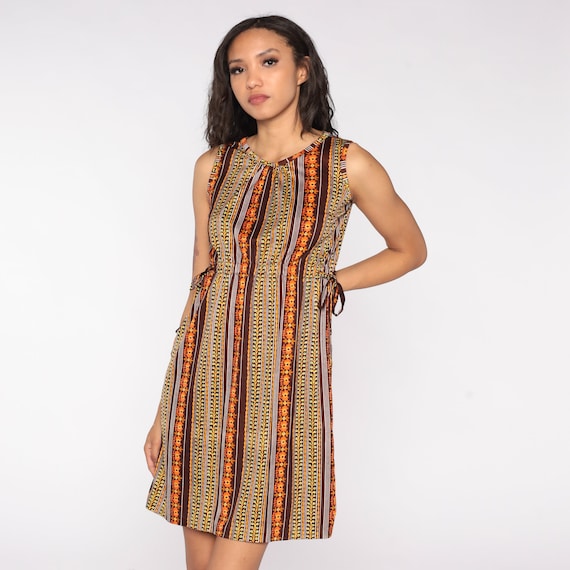 70s Mini Dress Boho Floral Striped High Waisted Day Dress Bohemian 1970s Vintage Sleeveless Boho Hippie Festival Summer Dress Extra small xs