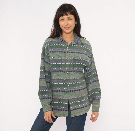 90s Geometric Flannel Shirt Point Zero Folk Pattern Button Front Jacquard Weave Green Navy Tribal Stripe Cotton Long Sleeve Grunge Medium M