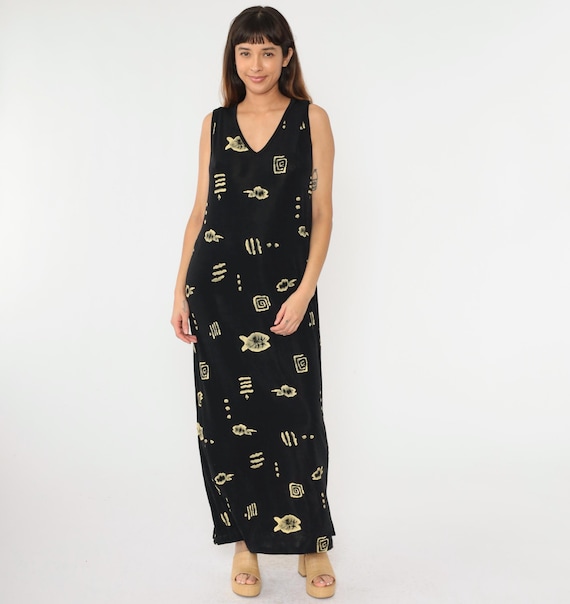 Vintage Fish Print Dress 90s Black Sundress Beach Maxi Geometric V Neck Sleeveless Casual Day Sun Shift 1990s Medium Large