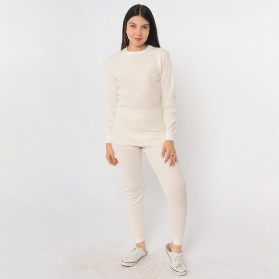 Vintage 80s Thermal Underwear Set White Waffle Knit Two Piece Long Johns Shirt & Pants Base Layer Wintermates USA Made 1980s Small Medium