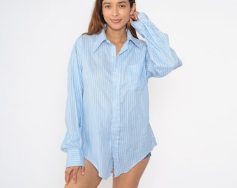 Gestreept Oxford shirt jaren 70 blauw zuidwestelijk button-up shirt geometrisch retro lange mouw kraag top vintage jaren 1970 heren 15 1/2 35 medium