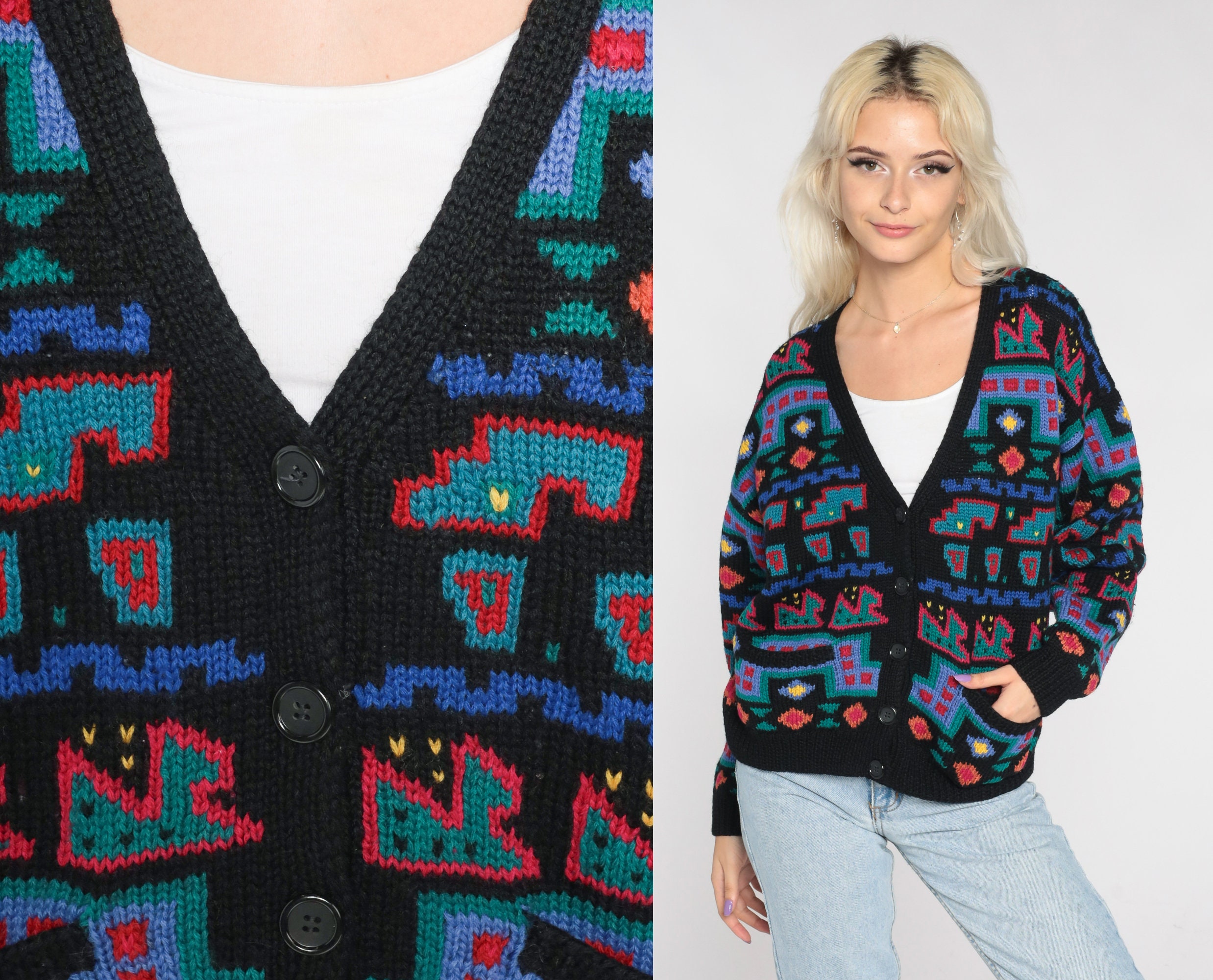 90s Cardigan Sweater Black Geometric 