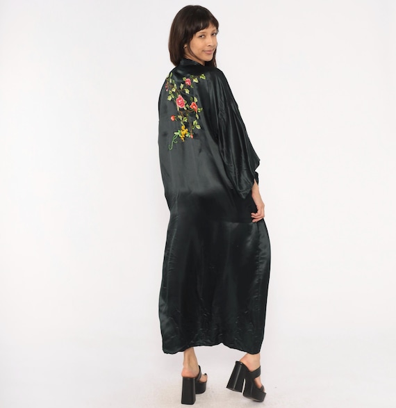 80s Embroidered Silk Kimono Black Satin Robe Floral Rose Duster Open Navy Wide Sleeve Coverup Housecoat Vintage Loungewear Extra Large XL