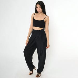 Vintage Black Pleated Trousers 80s High Waisted Slacks Office Preppy Minimal Professional Paper Bag 1980s Medium 10